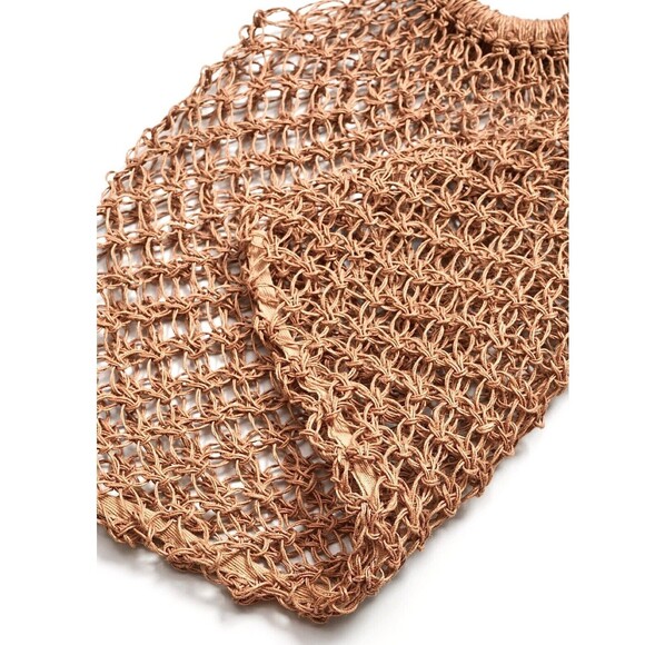 MANGO Shopper Bag Crochet Mesh Net Braided Jute Tote XL Handbag Brown Ltd Editio - Picture 4 of 14